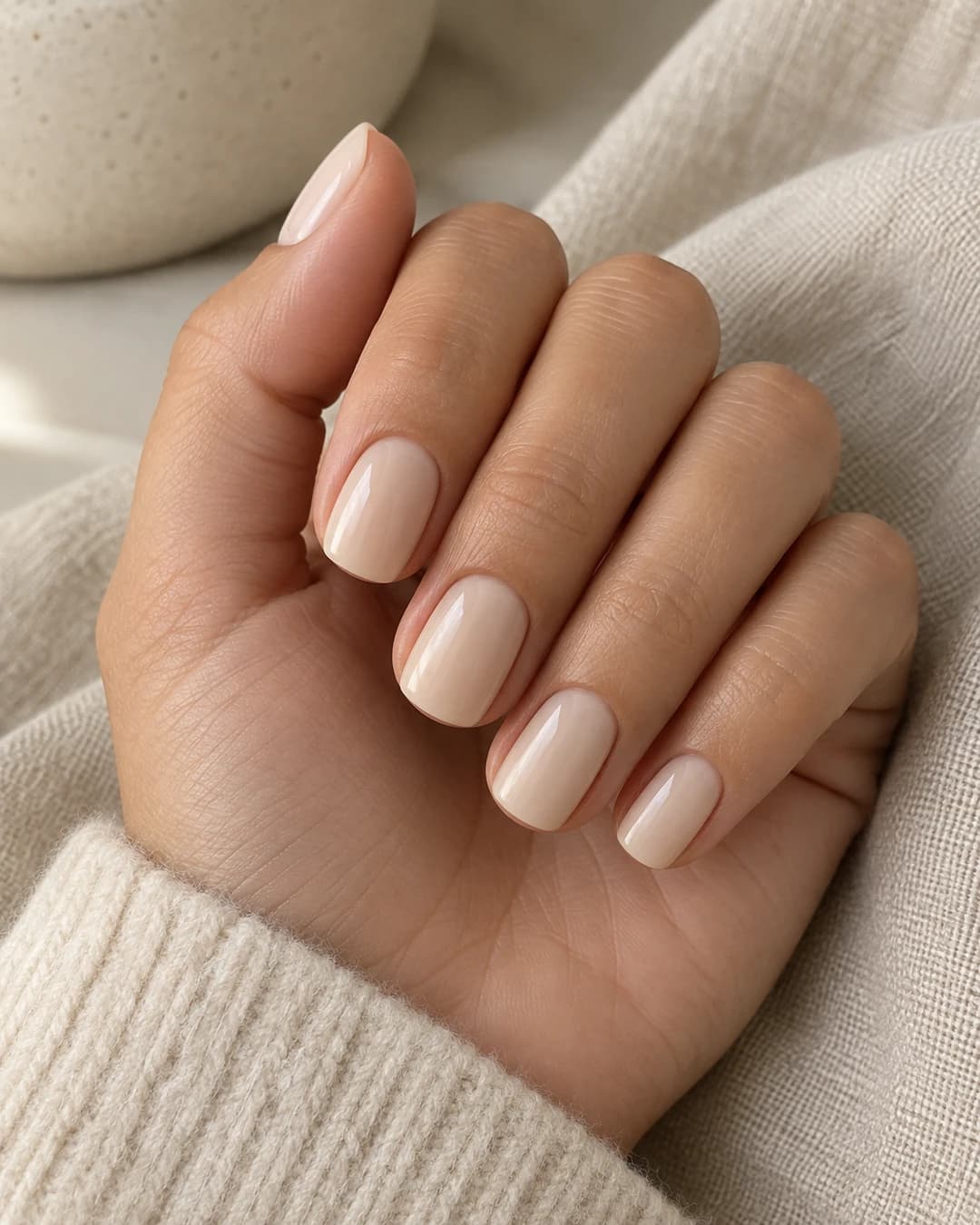 Mano con uñas cortas cuadradas en esmalte marfil cálido sobre lino y cerámica clara.