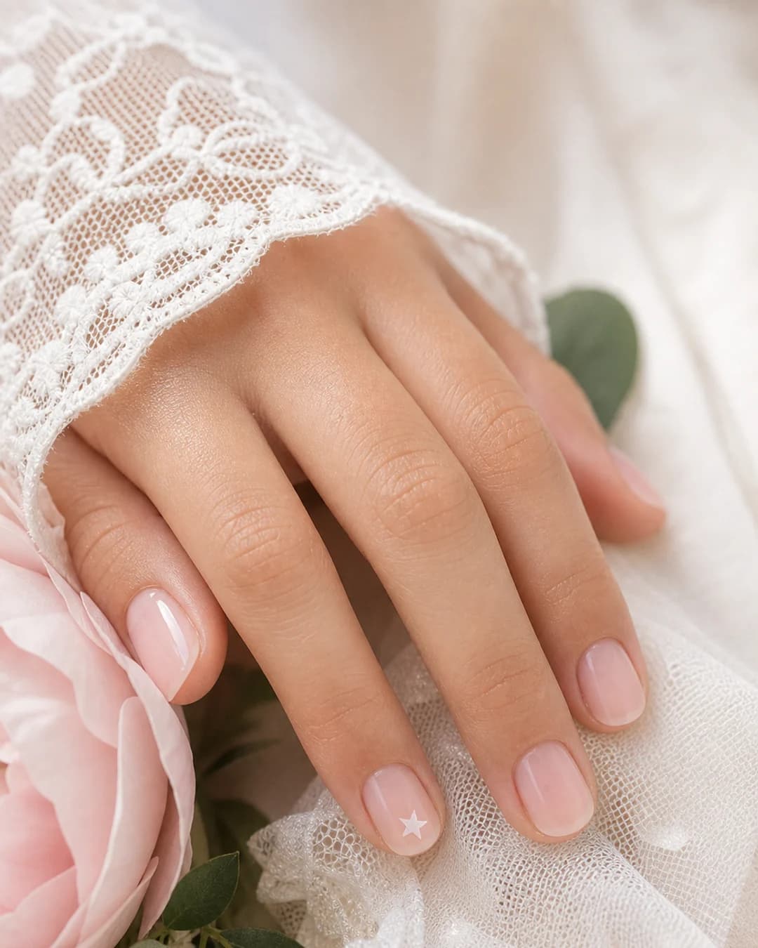 Uñas comunión rosa palo translúcido niña con micro estrella anular