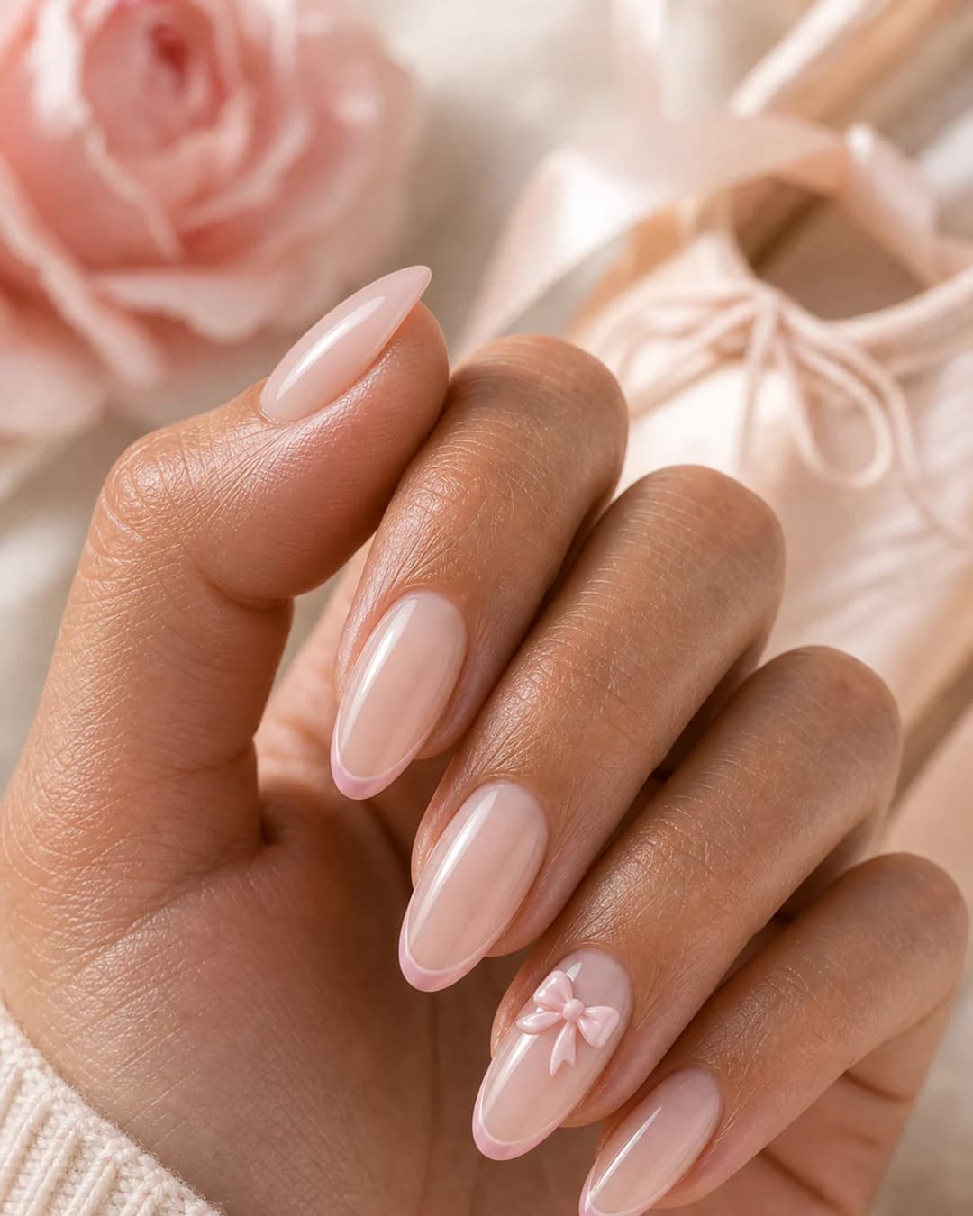 Uñas balletcore rosa palo con micro lazo 3D y banda satin punta