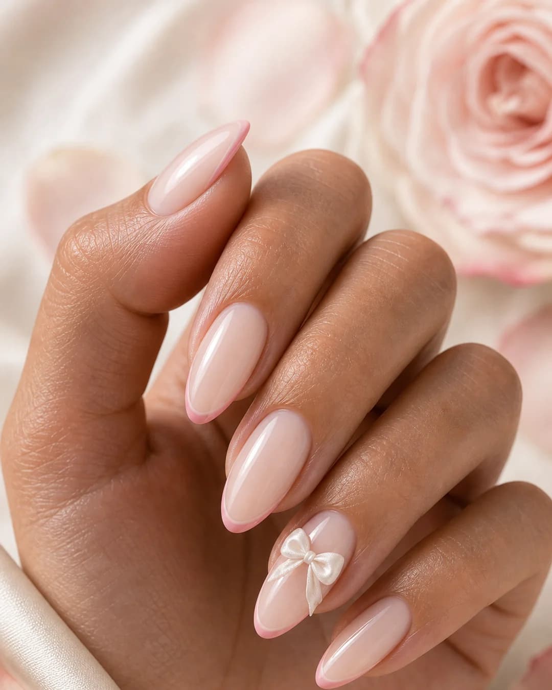 Francesa moderna rosa palo con un lazo 3D blanco en el anular