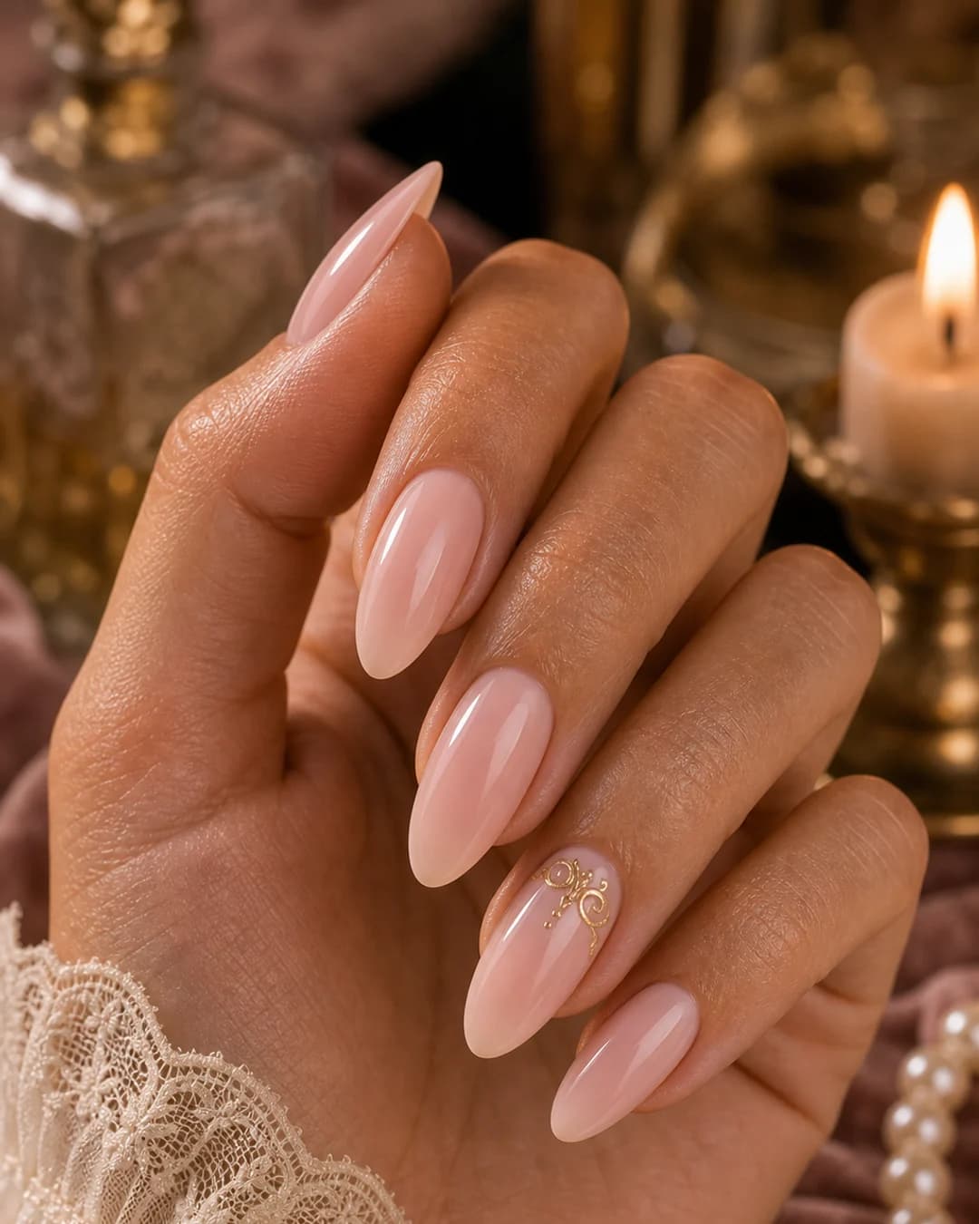 Uñas rosa rubor regency Bridgerton con detalle dorado vintage