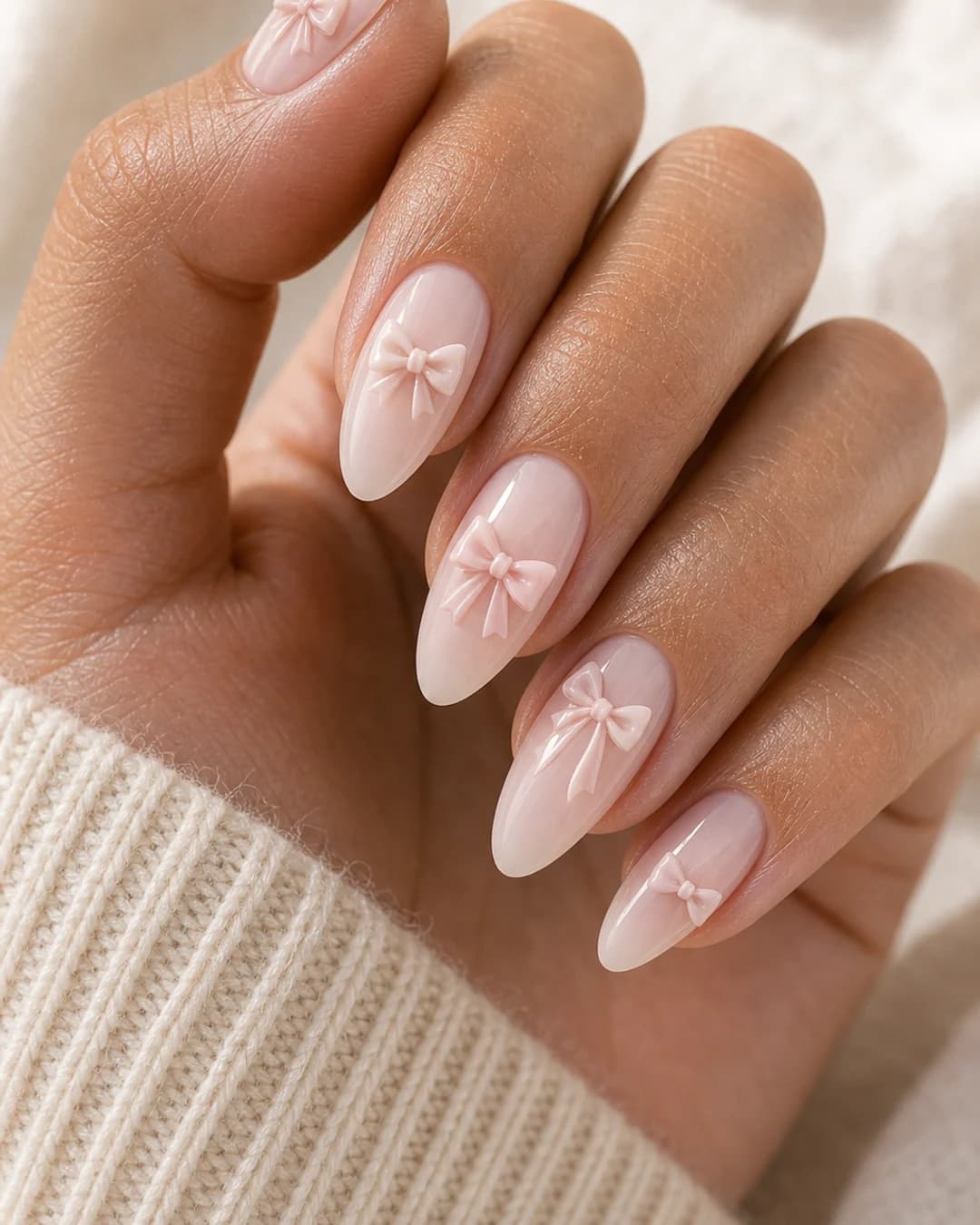 Uñas rosa palo con un mini lazo 3D distinto en cada uña