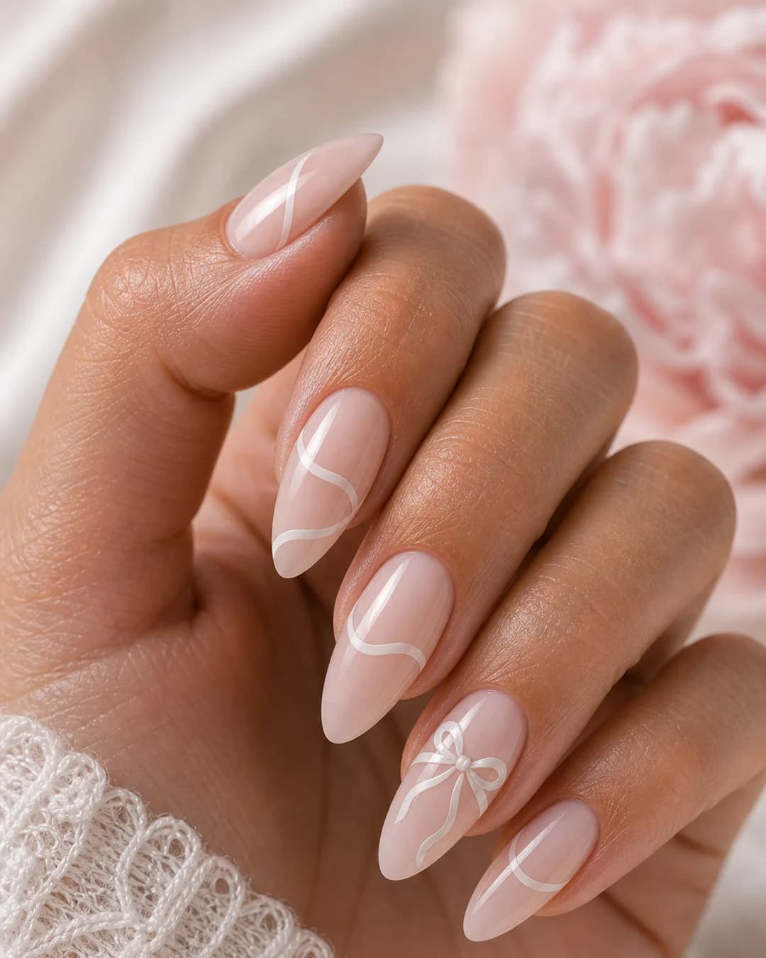 Uñas nude lechoso con una cinta blanca pintada que atraviesa las uñas como lazo de regalo