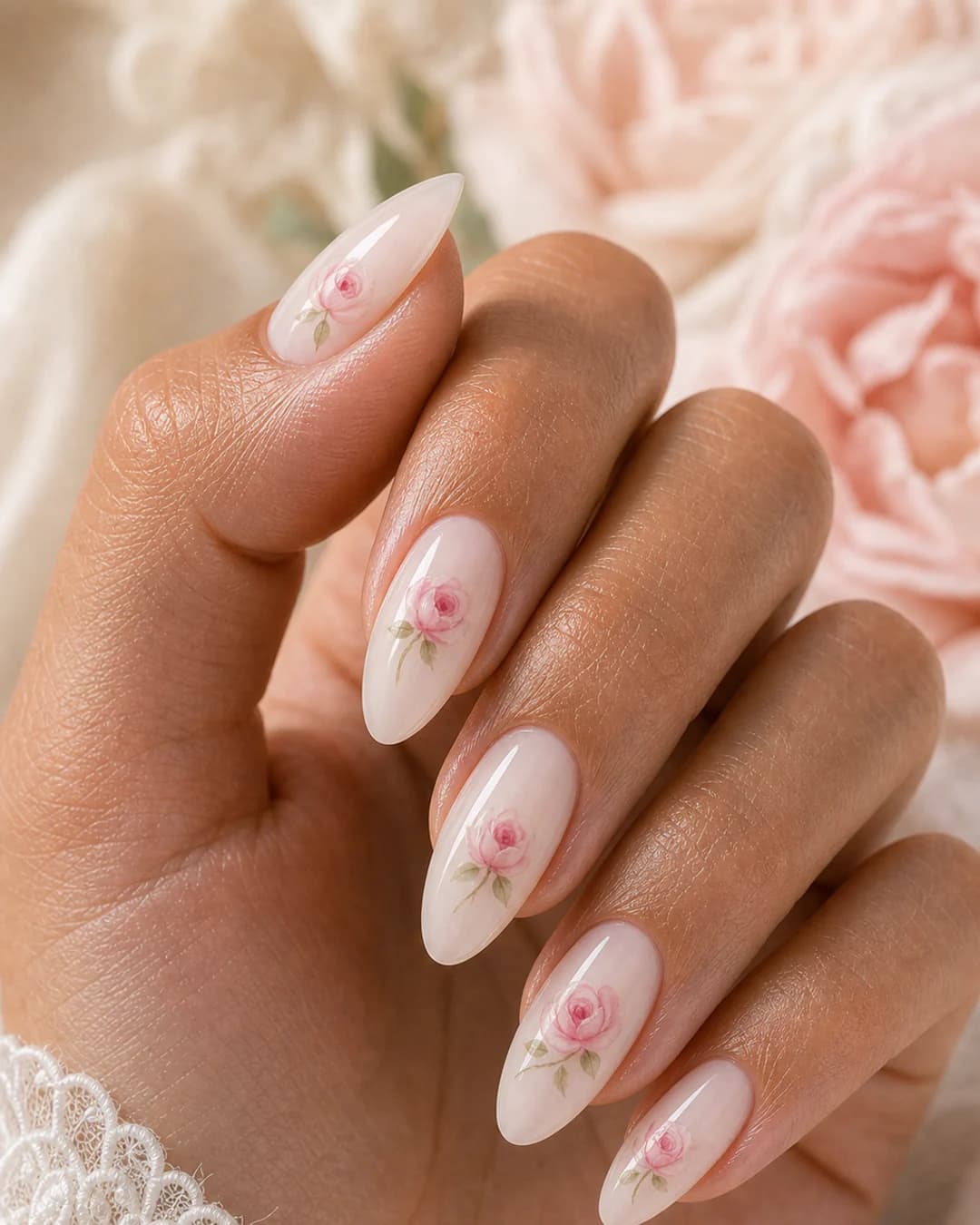 Uñas lechosas con micro rosas acuarela pintadas a mano coquette