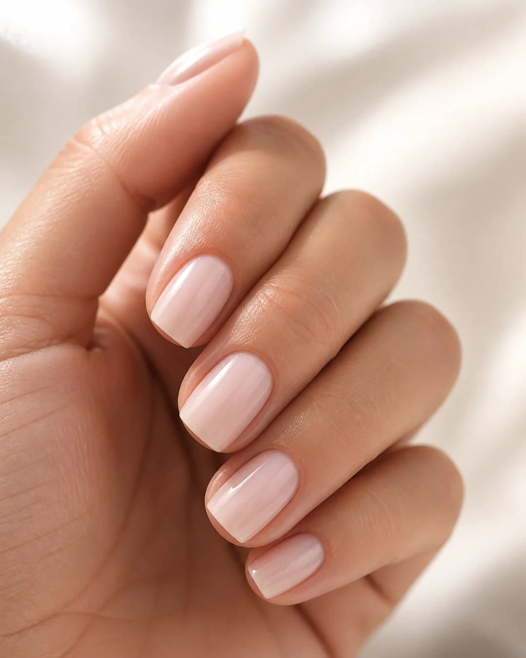 Uñas cortas cuadradas con esquinas suaves en nude lechoso