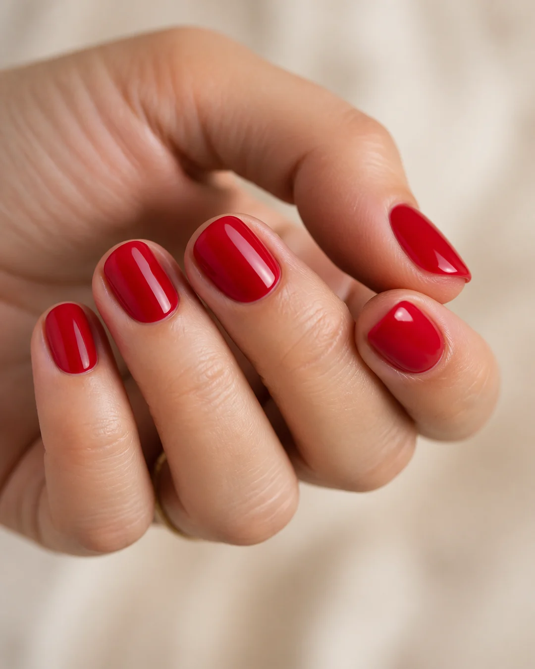 Uñas cortas redondas en rojo cereza brillante