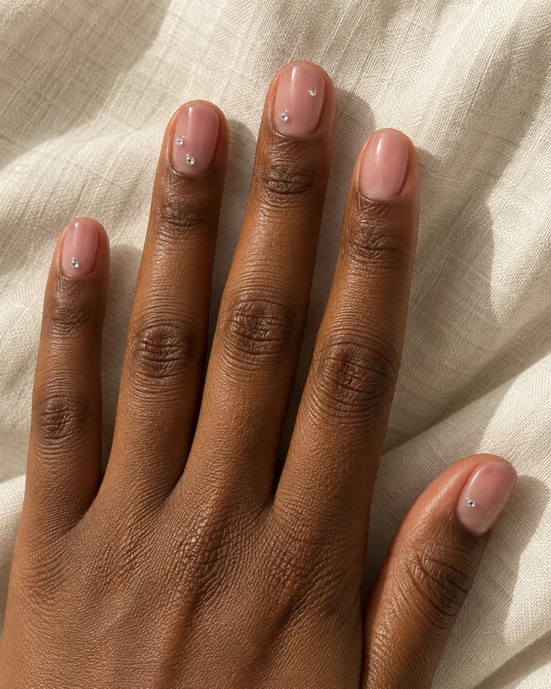 Mano adulta de piel marrón profunda con uñas ovaladas cortas en rosa nude y pequeños cristales transparentes en algunas uñas.