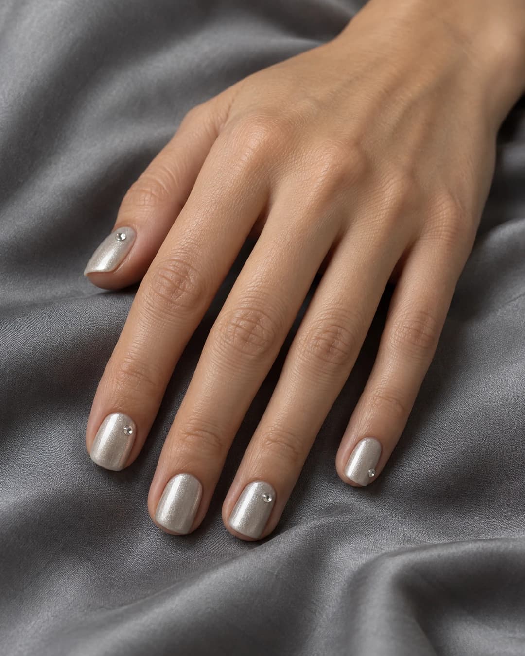 Mano adulta de piel clara media con uñas squoval cortas perladas en plata y pequeños cristales transparentes repartidos en algunas uñas.