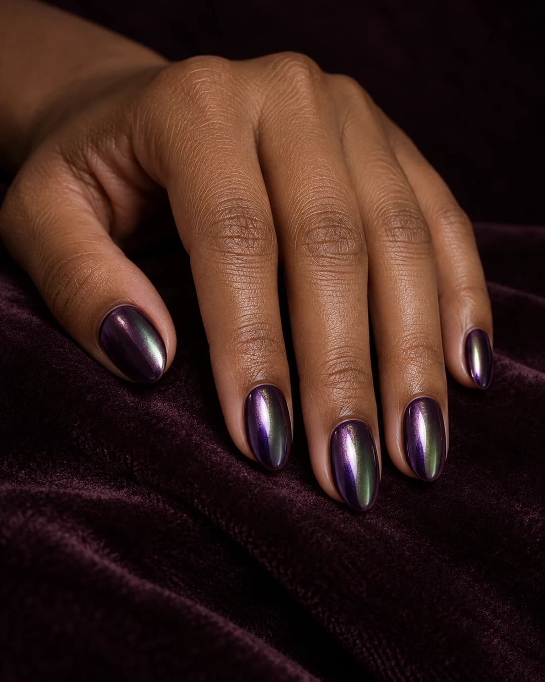 Mano de piel marrón con uñas almendradas medias en cromo ciruela y reflejos violetas y verdes