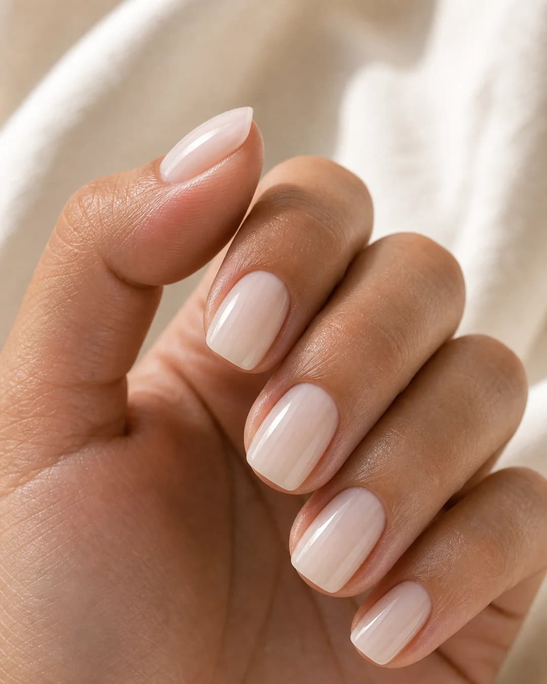 Uñas squoval corta forma cuadrada esquinas suaves lechoso Cloud Dancer 2026