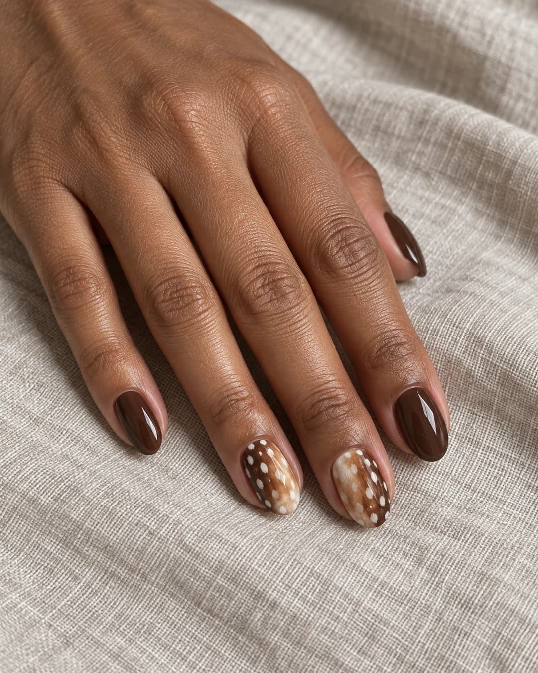 Mano de piel marrón medio con dos uñas almendradas medias en marrón difuminado y manchas crema irregulares de cervatillo; resto cacao.