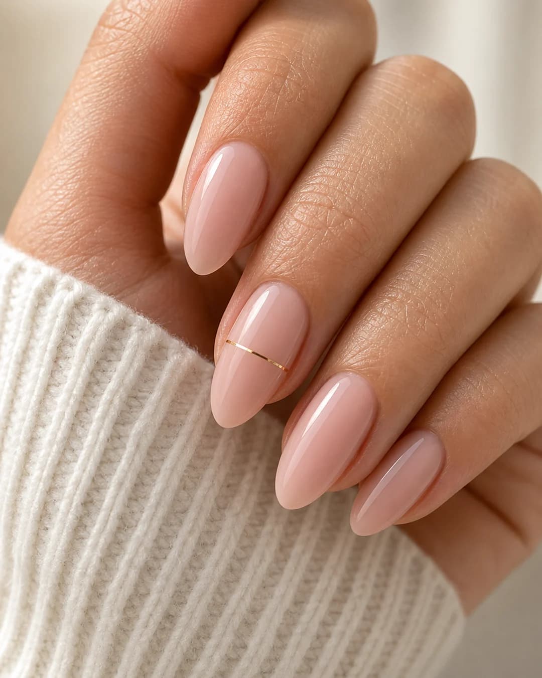 Uñas nude con una línea fina dorada horizontal en el anular