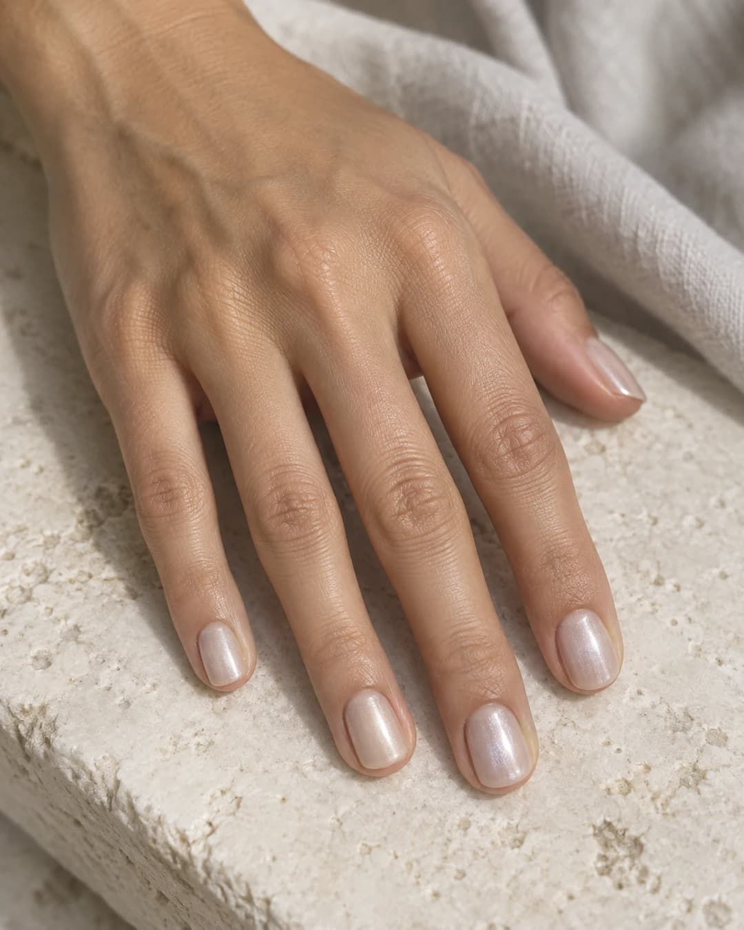 Uñas nude lechosas con brillo perla plata en forma redonda corta sobre piel oliva clara