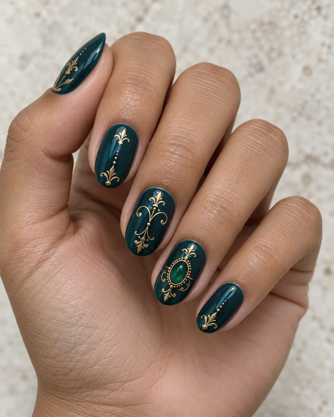 Mano adulta de piel oliva con cinco uñas almendradas medias en esmalte petróleo, filigrana dorada fina y una gema verde en el anular.