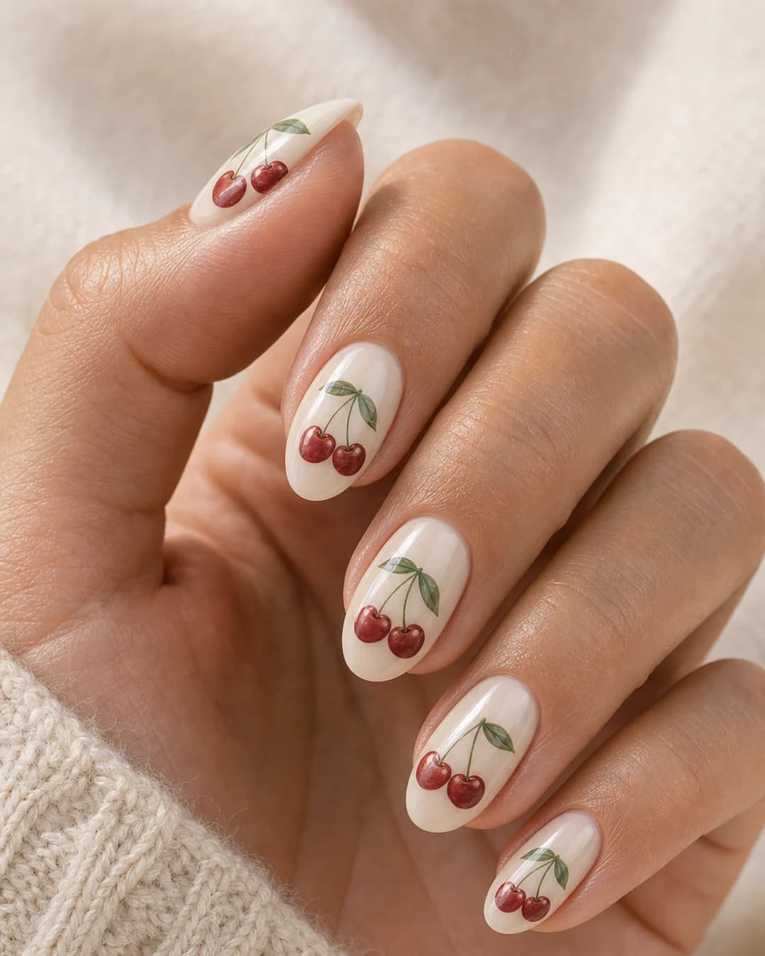 Uñas con cerezas pintadas estilo vintage retro Americana sobre base crema