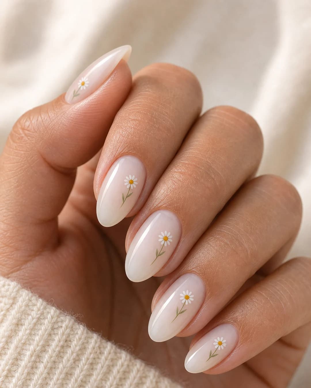 Uñas lechosas con micro margaritas mediterráneas pintadas a mano una por uña