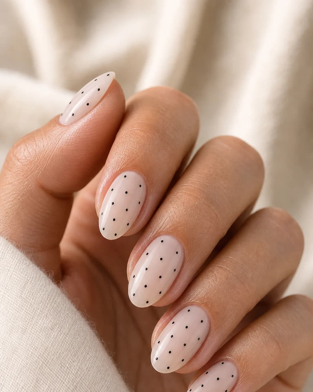Uñas lechosas con micro puntos negros polka dots ultra pequeños