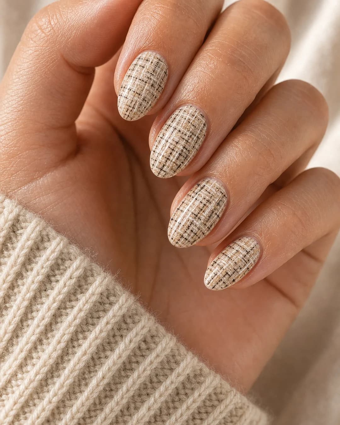 Uñas con estampado tweed Chanel beige y crema tejido en todas las uñas