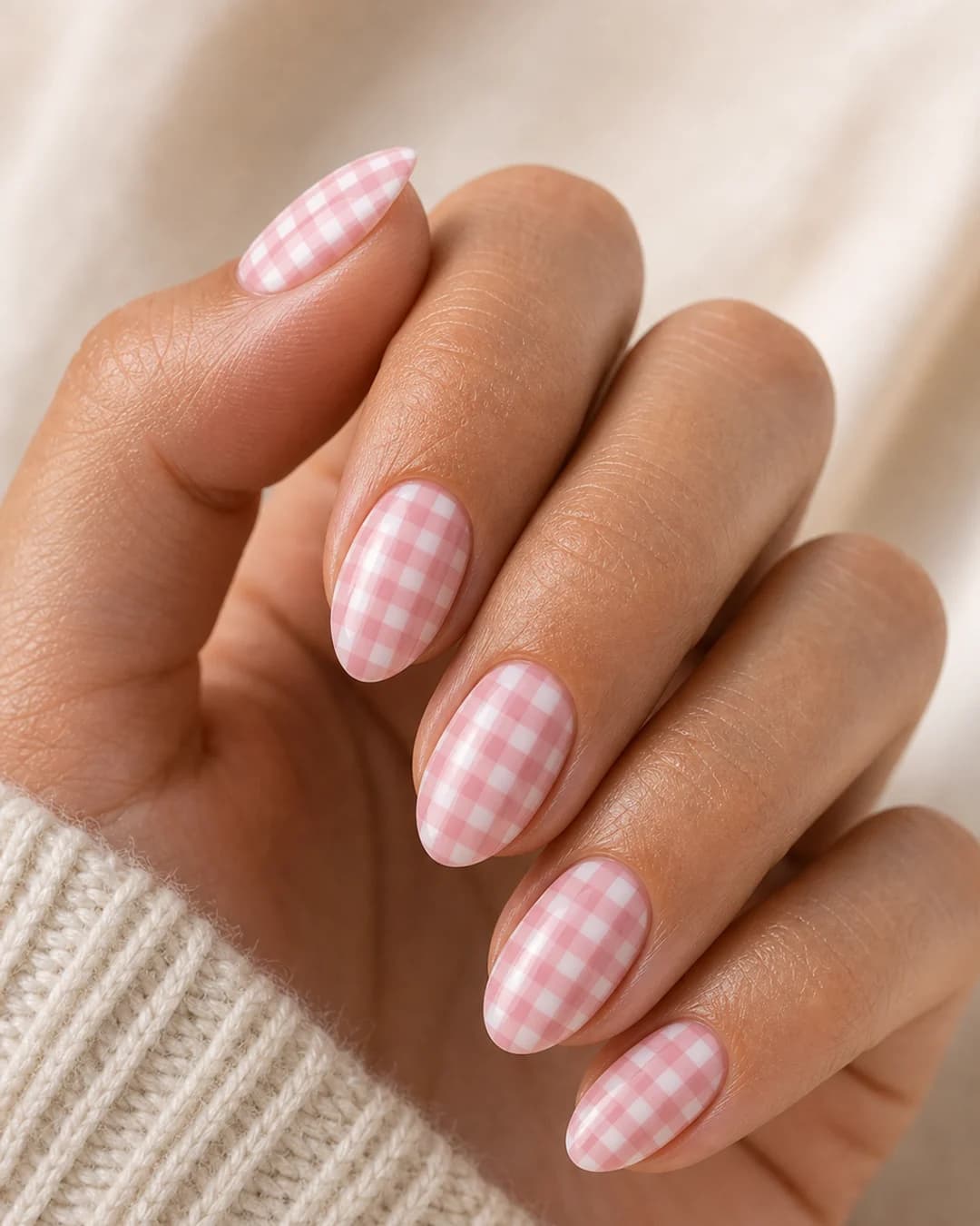 Uñas con estampado vichy gingham rosa pastel cuadros pequeños