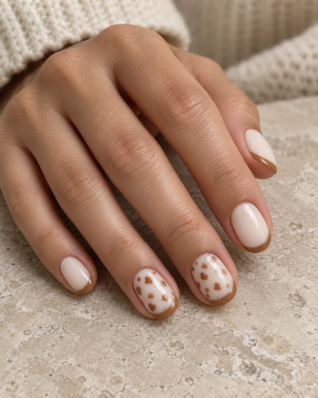 Mano con uñas cortas marfil, puntas francesas color miel y manchas fawn suaves en dos uñas.