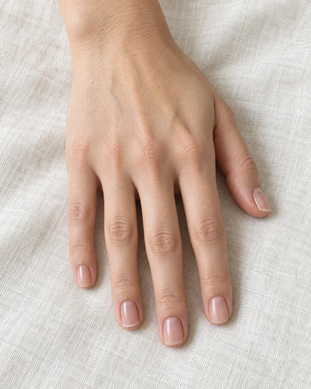 Mano de piel clara cálida con cinco uñas squoval cortas en nude rosa beige translúcido, sobre lino claro.