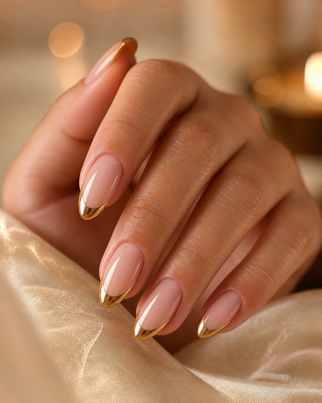Uñas almendradas con francesa dorada metálica sobre base nude para evento