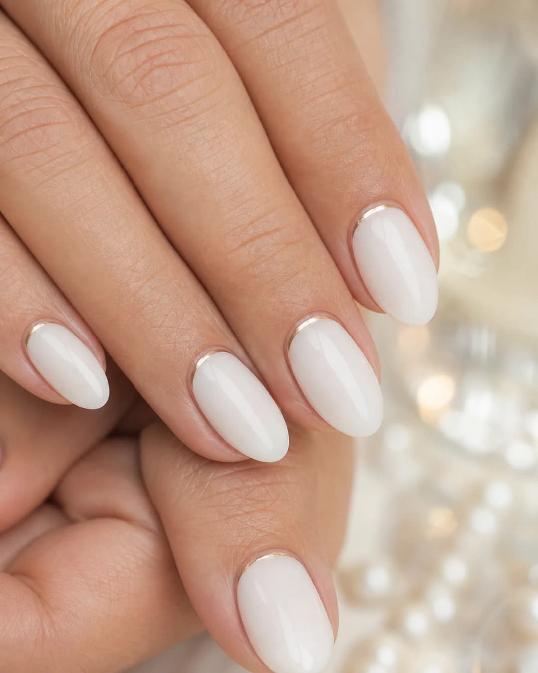 Uñas almendradas con francesa invertida en oro champagne ultrafina sobre base milky brillante