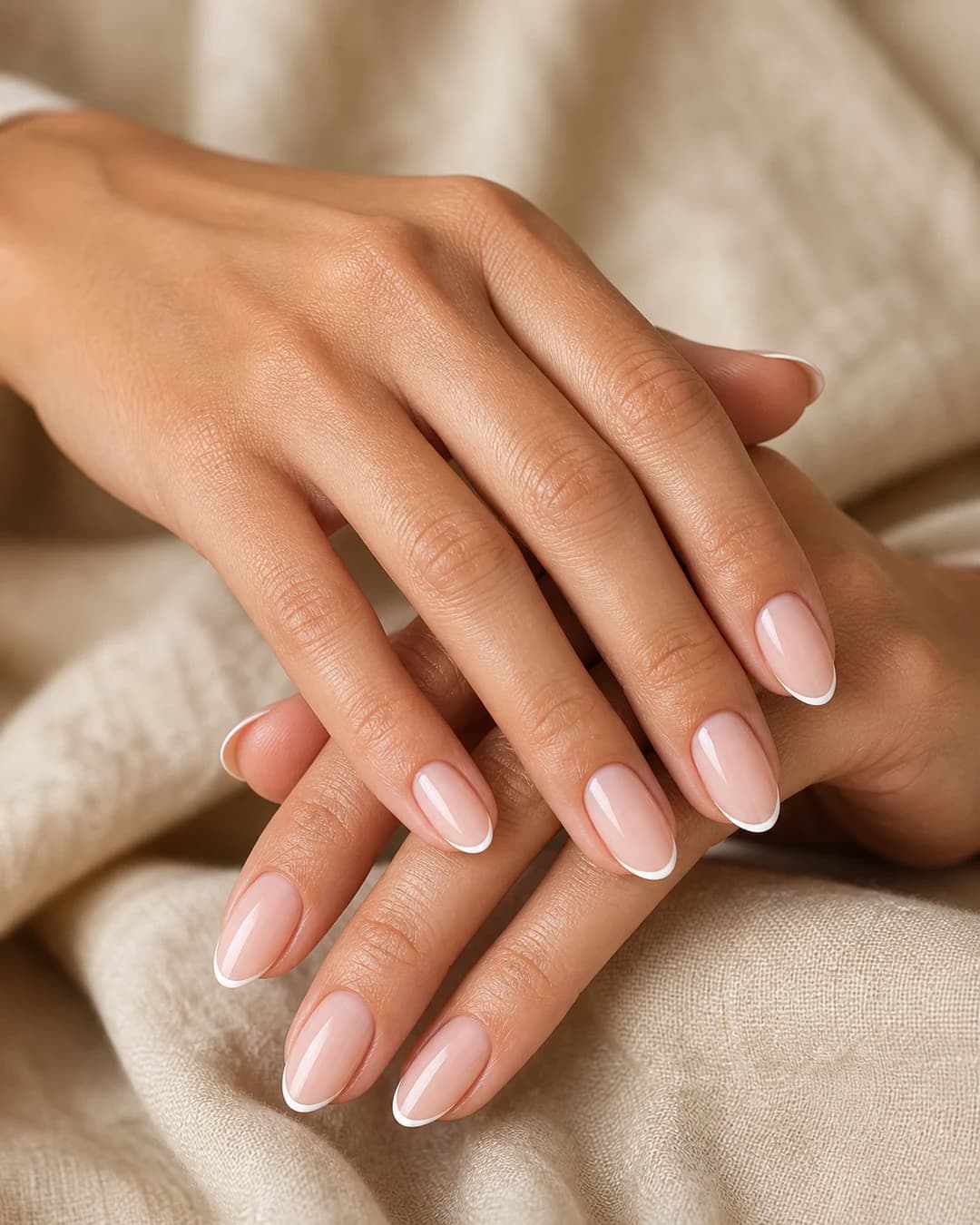 Uñas almendradas con francesa moderna de línea blanca ultrafina sobre base nude rosado