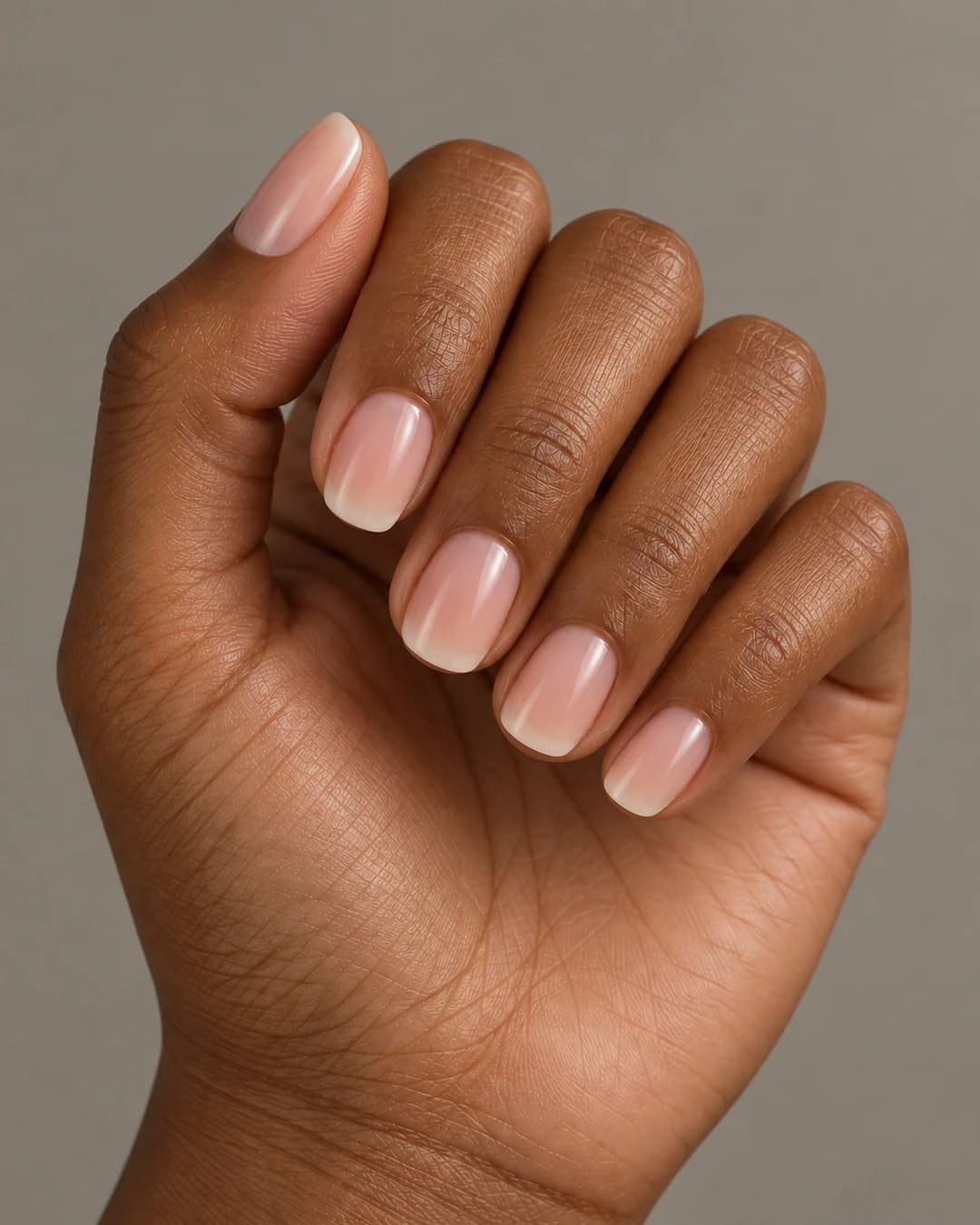 Cinco uñas cortas squoval en rosa nude translúcido con brillo y puntas marfil, sobre una mano de piel marrón y fondo gris beige.