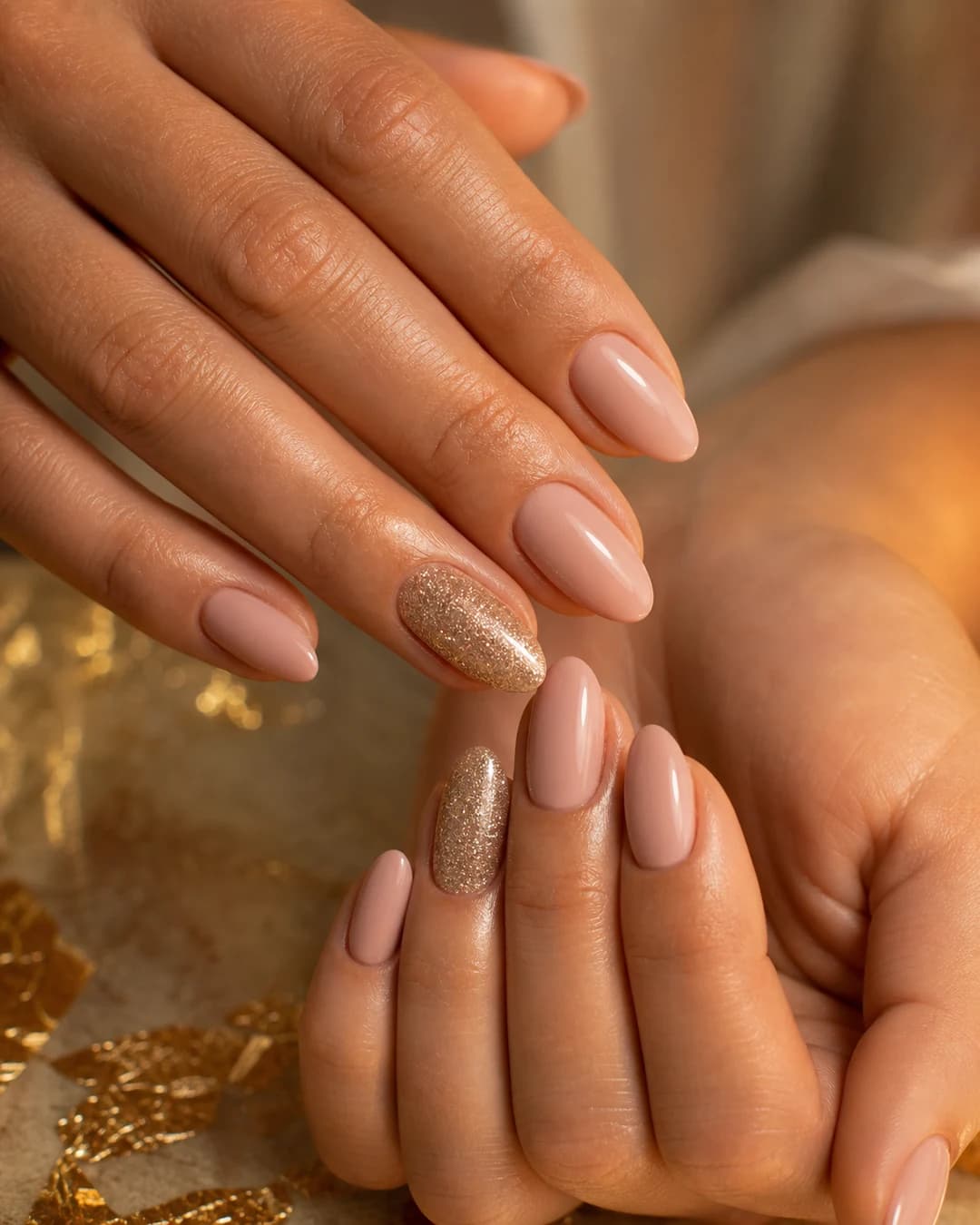 Uñas almendradas con base nude y anular cubierto de glitter dorado denso densidad fina
