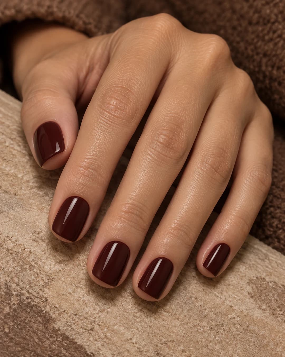 Mano con uñas cortas cuadradas en granate oscuro con subtono cacao cálido y brillo cremoso.