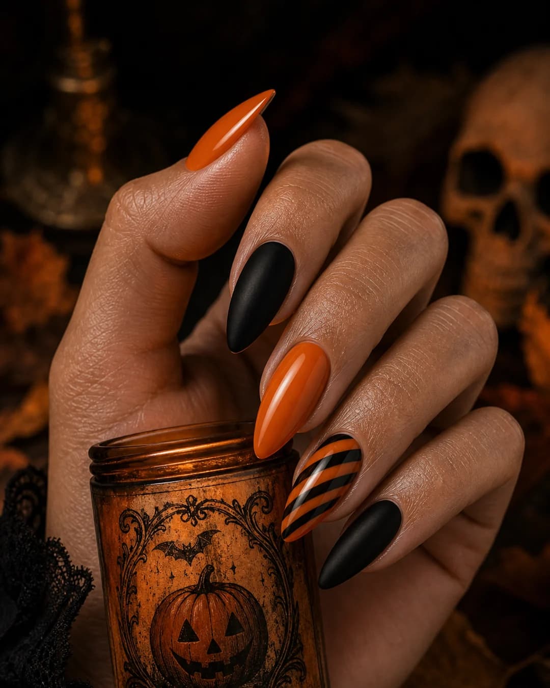 Uñas con bandas naranja calabaza y negras estilo Halloween vintage