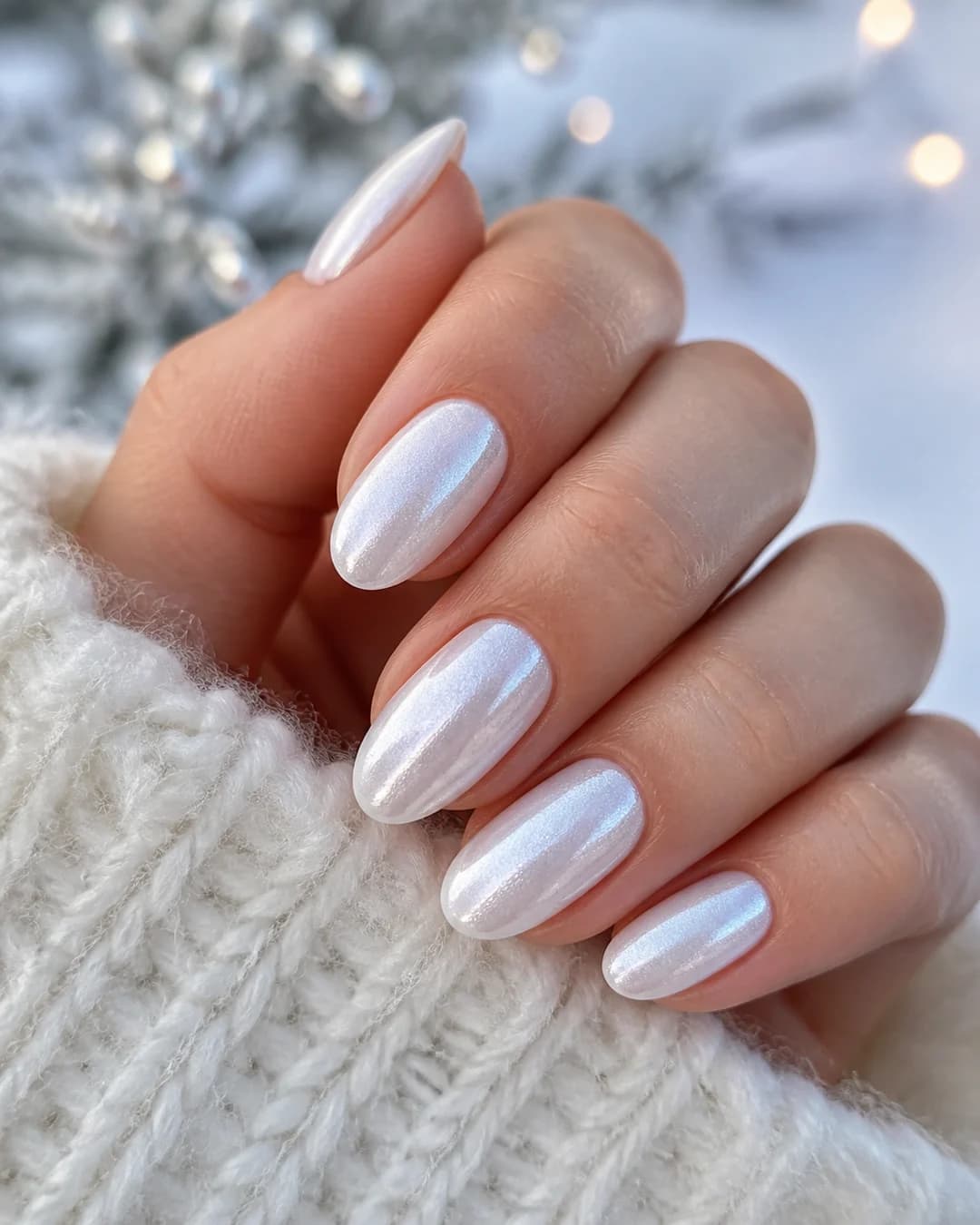Uñas almendradas en blanco perlado con destello sutil para invierno