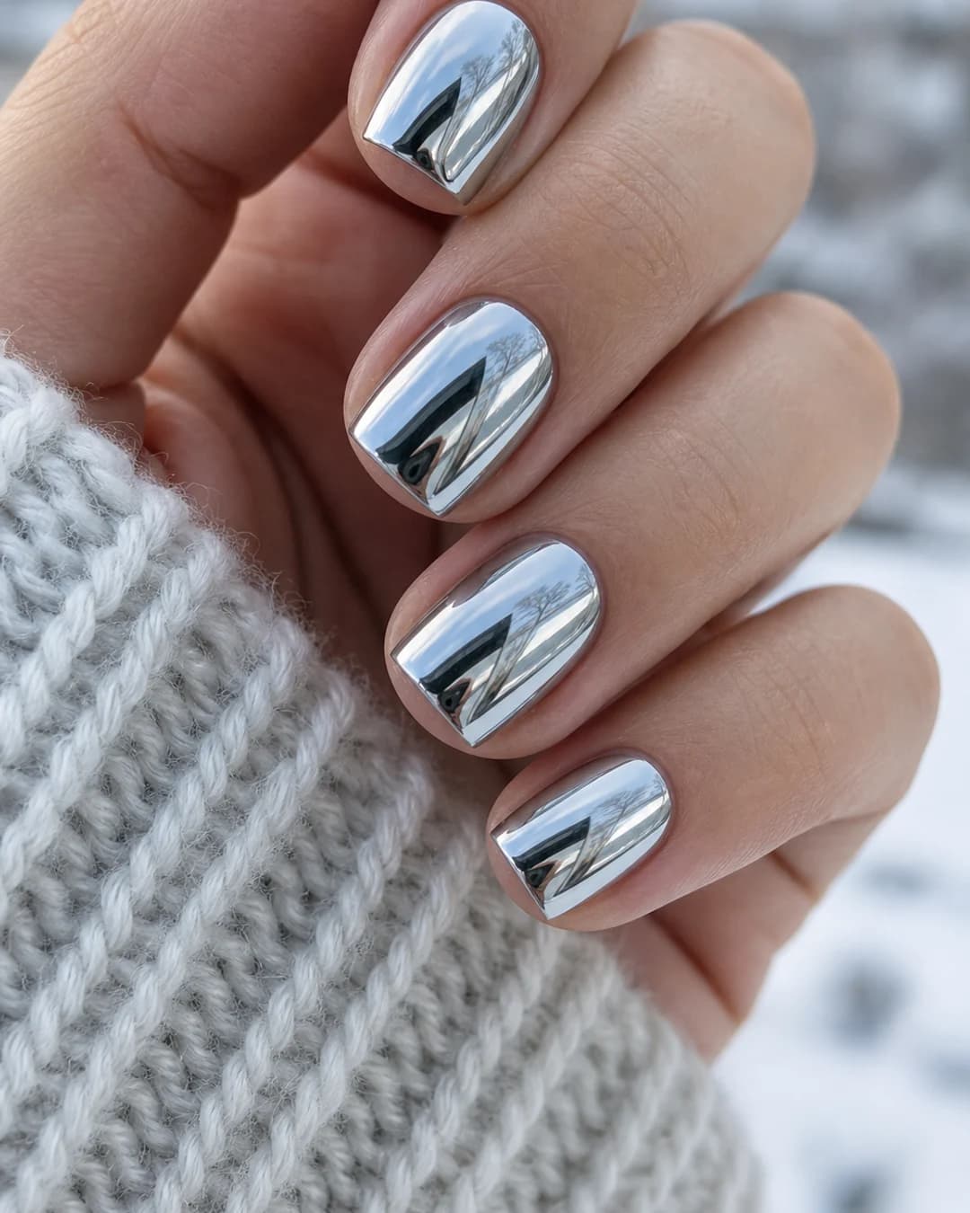 Uñas cortas cuadradas en cromo plata efecto espejo