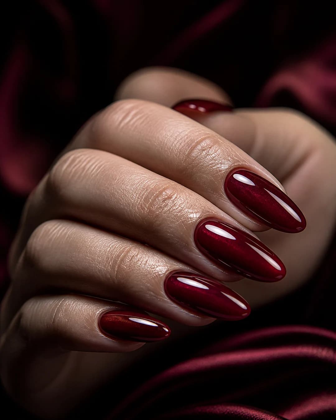 Uñas almendradas en rojo rubí profundo joya para invierno