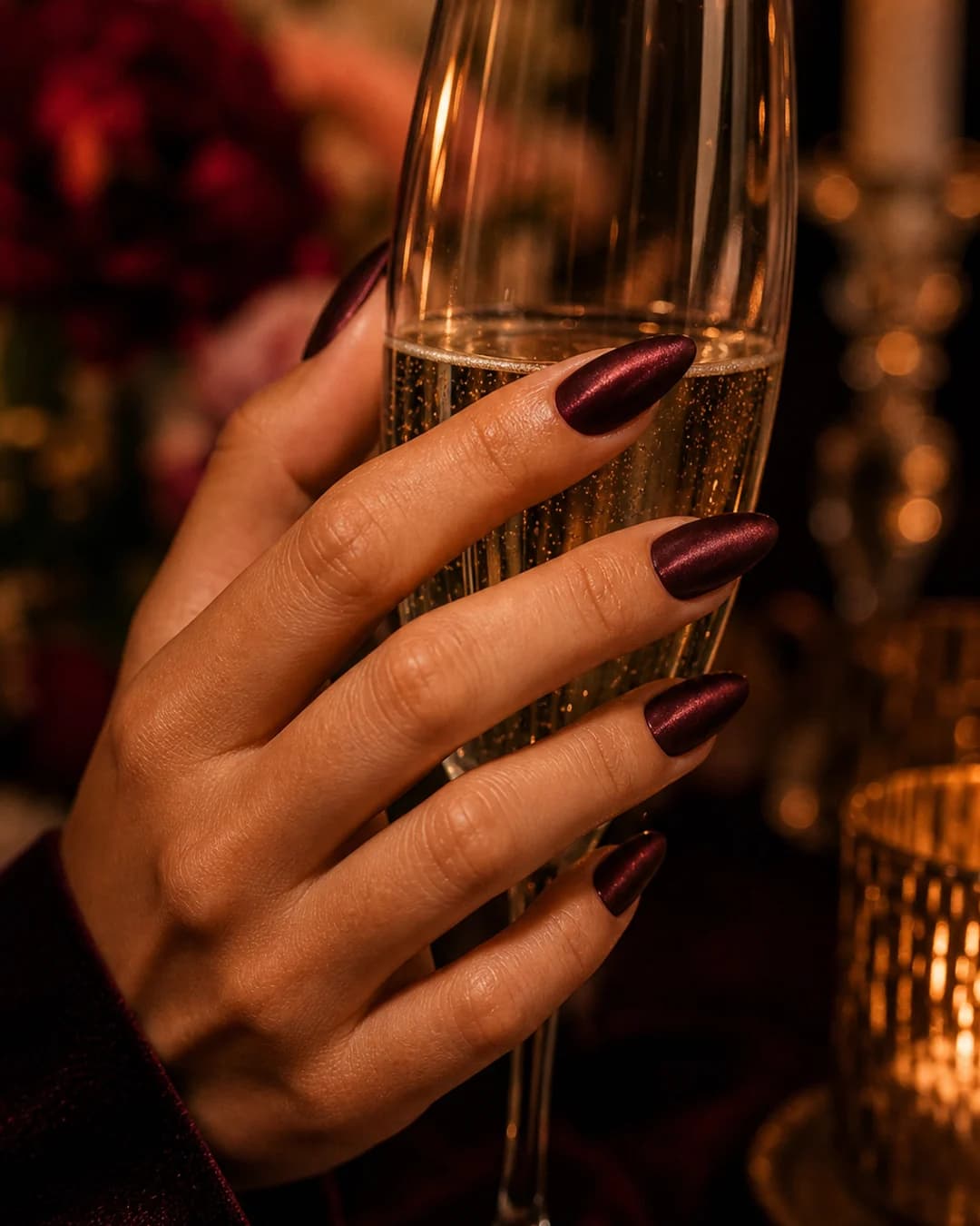 Uñas invitada boda velvet magnético burdeos profundo terciopelo 2026