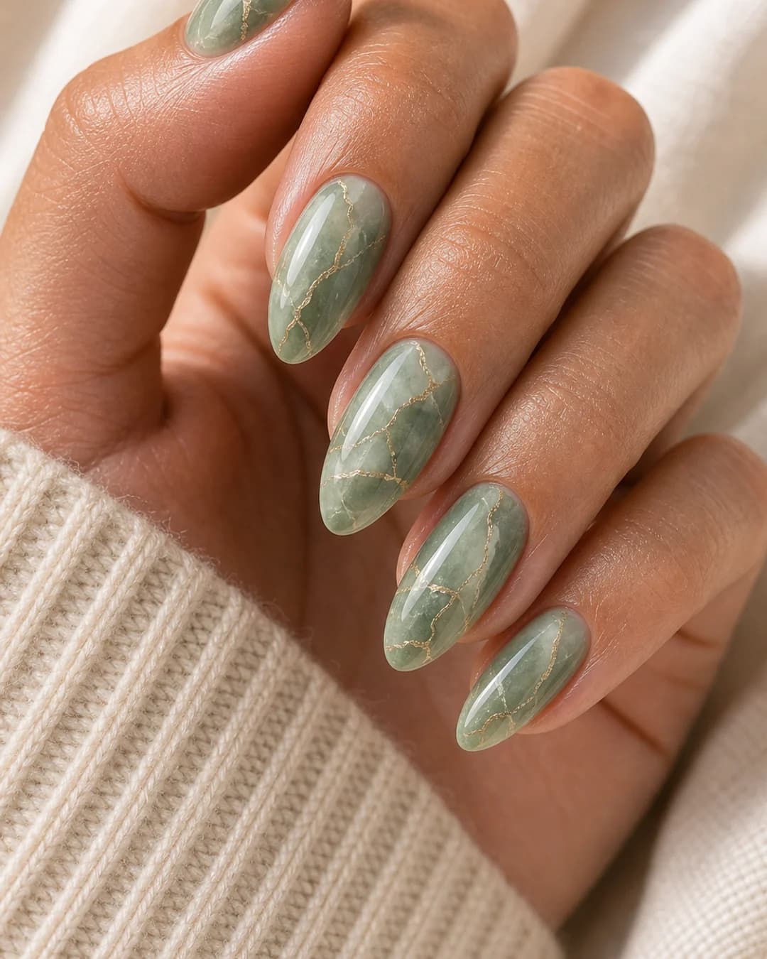 Uñas con efecto mármol jade verde profundo translúcido Pinterest 2026