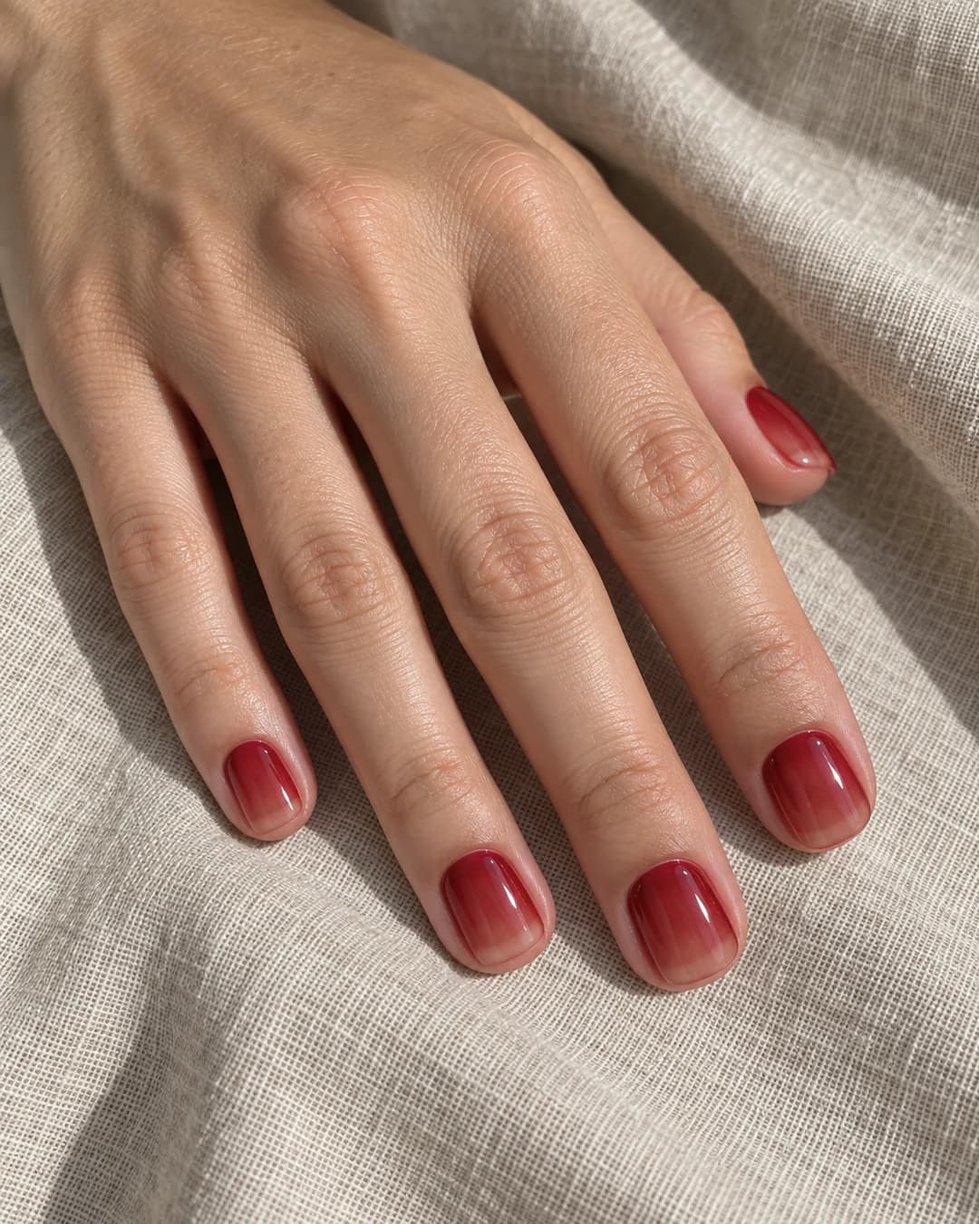Uñas cortas squoval en rojo cereza oscuro, ligeramente translúcido y muy brillante, sobre una mano adulta.