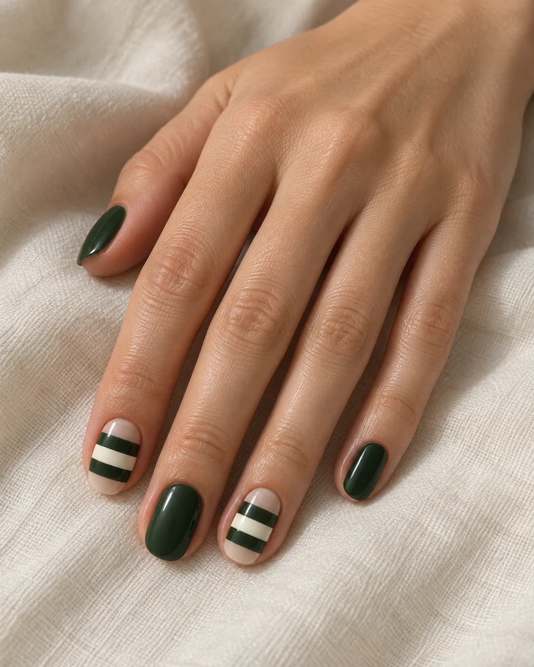Mano de piel clara con uñas cortas ovaladas verde bosque y dos acentos beige con bandas anchas marfil y verdes.