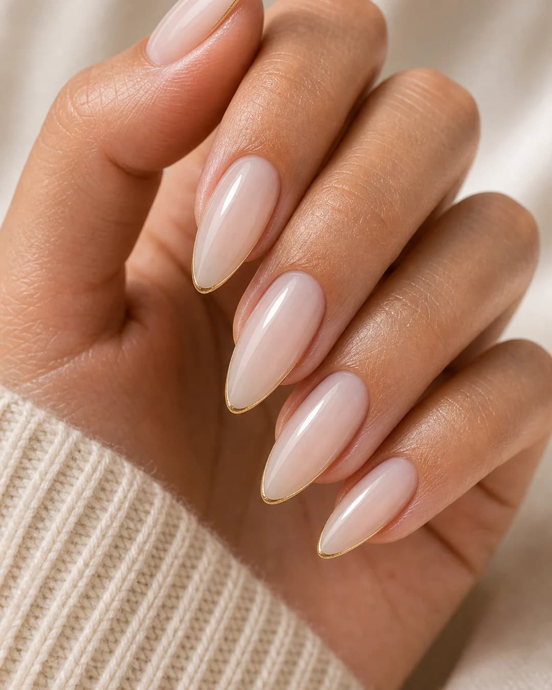 Uñas largas almendrada nude con microline dorada francesa moderna elegante 2026