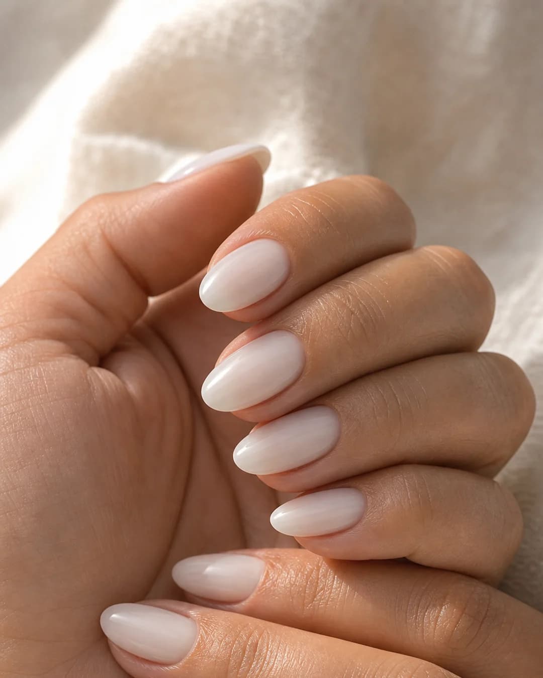 Uñas almendradas con acabado lechoso translúcido Cloud Dancer 2026