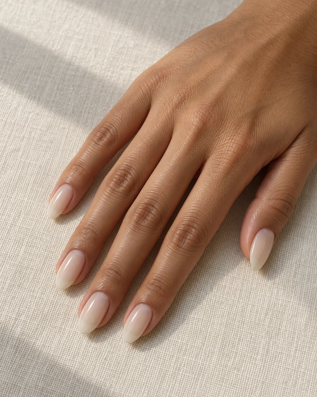 Uñas almendradas medias con base crema lechosa translúcida y línea natural apenas visible.