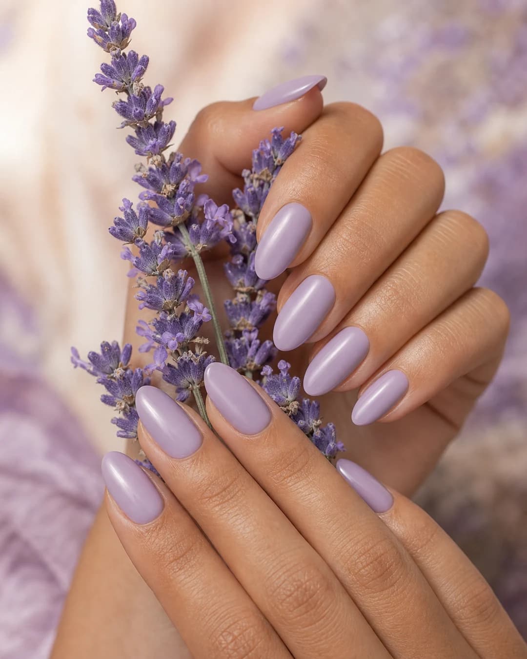 Uñas en lila empolvado pastel suave con flor de lavanda