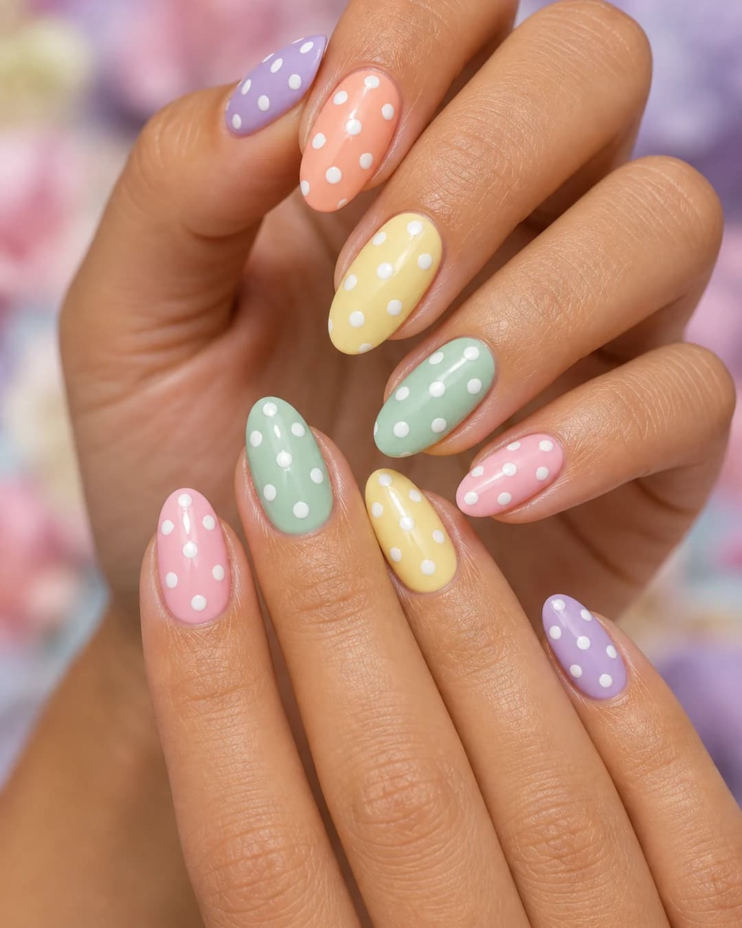 Uñas con lunares pasteles distintos en cada uña coquette