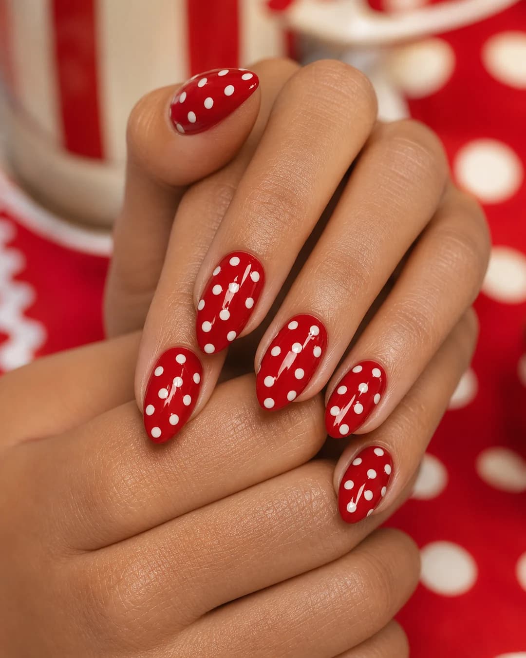 Uñas rojo cereza con lunares blancos vintage retro