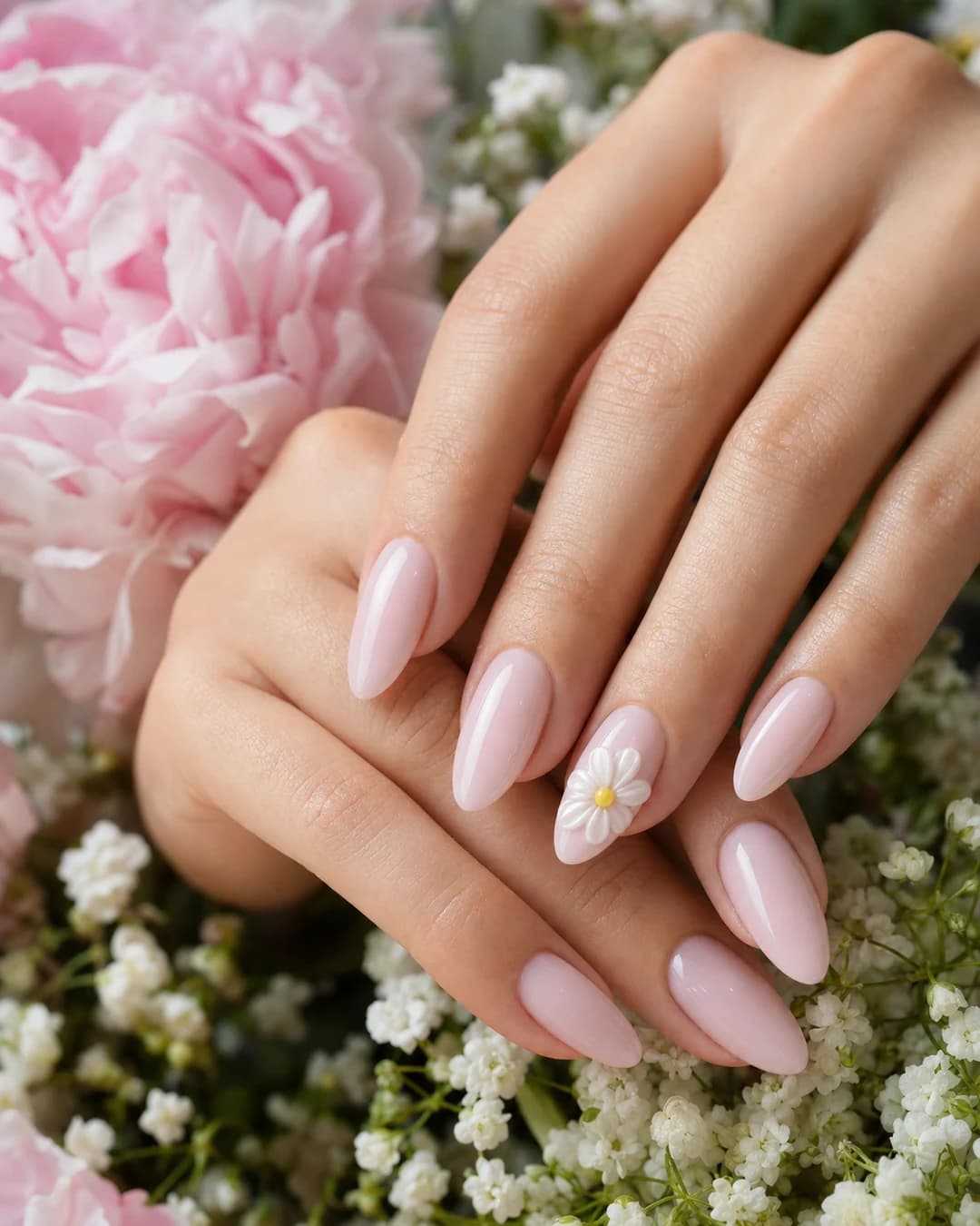 Uñas almendradas con margaritas modeladas en 3D con builder gel blanco sobre rosa palo lechoso
