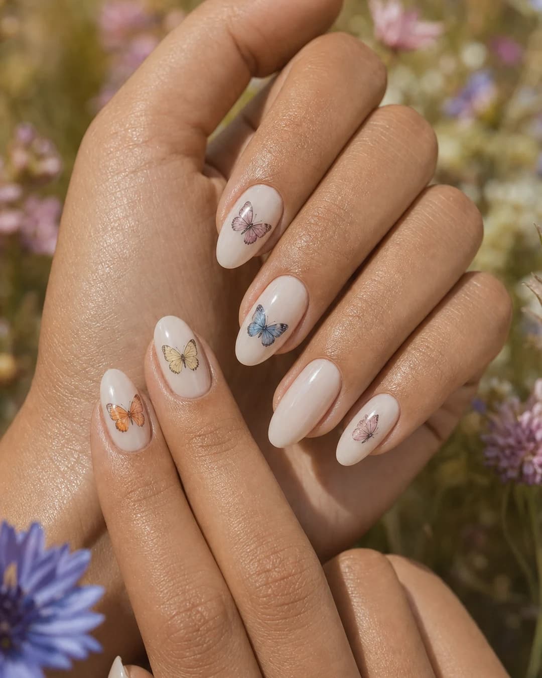 Uñas con micro mariposas pintadas acuarela suave una por uña Wilderkind