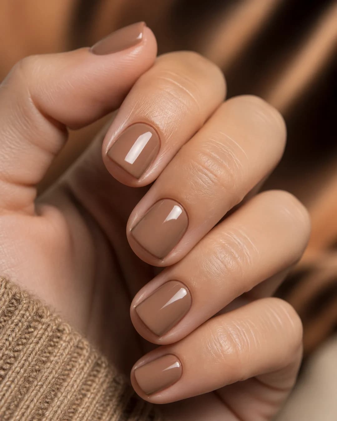 Uñas cortas cuadradas en marrón avellana suave