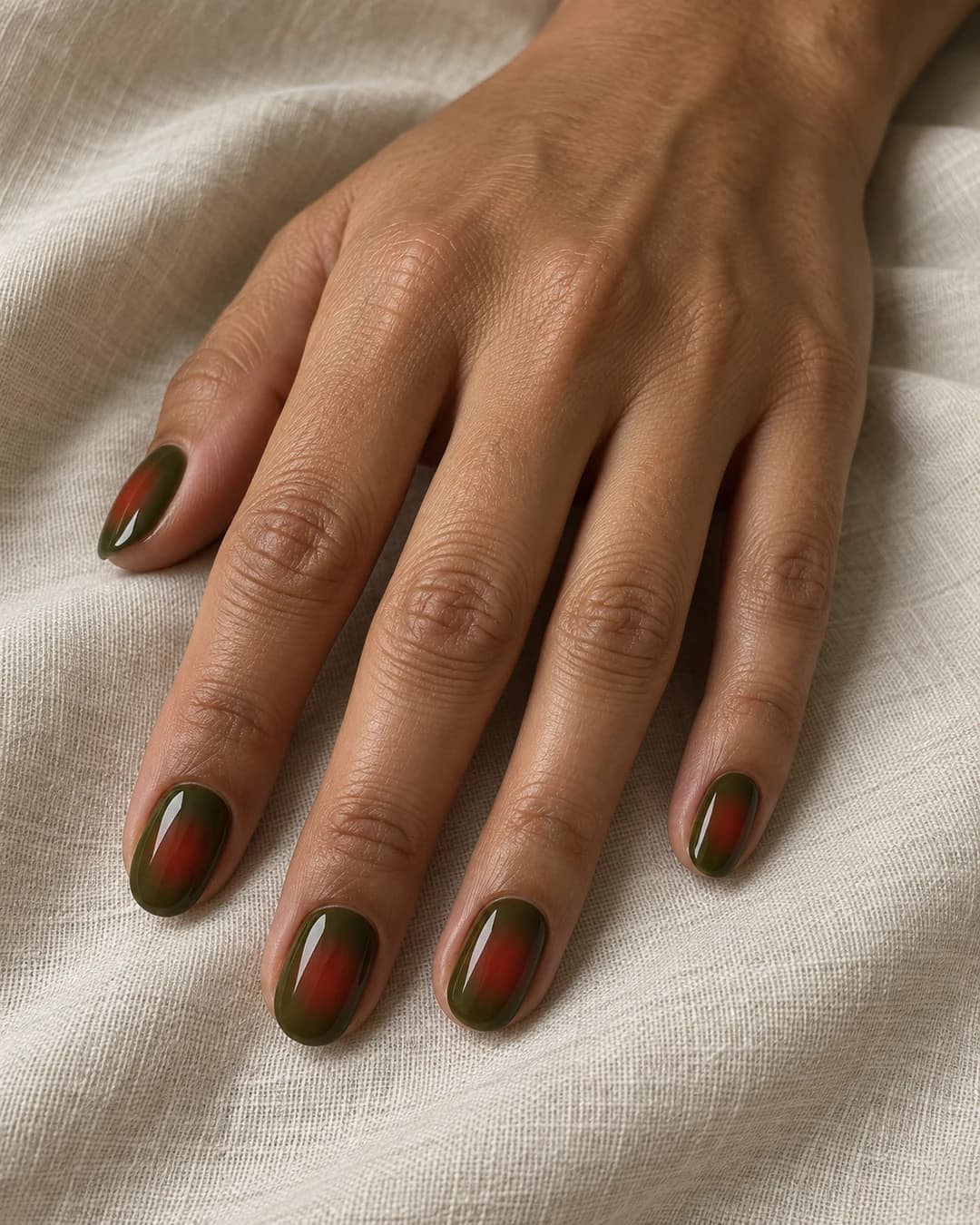 Mano adulta de piel tostada media con uñas cortas ovaladas y centros rojo pimiento difuminados sobre verde oliva.