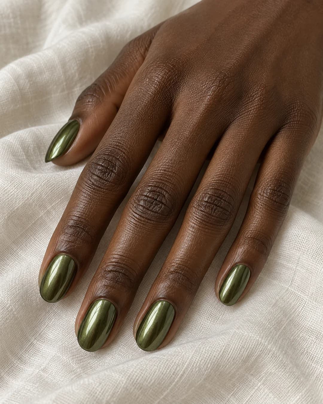 Mano adulta de piel marrón profunda con uñas almendradas medias en verde oliva con reflejo cromado.